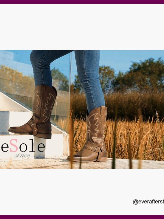 Square Toe Cowgirl Boots with Detachable Strap, Faux Leather, Wide Calf - Picture 7 of 7